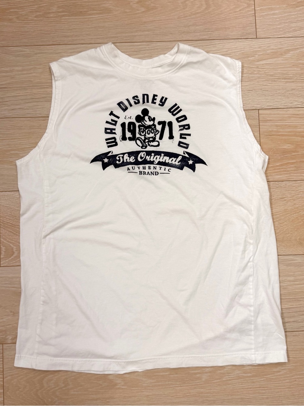 Disney White Sleeveless Graphic Tank with Navy Mickey Print